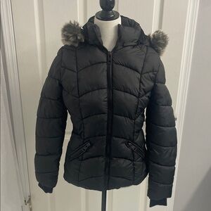 Women's Juniors Black Puffer Jacket with Detachable Faux Fur Hood Sz Lg